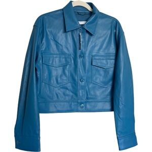 Susana Monaco Faux Leather Cargo Vegan Jacket Size M Teal Blue Collar $238 NEW